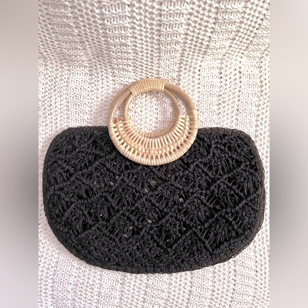 Anthropologie, black macrame tote bag purse w/ rattan handles